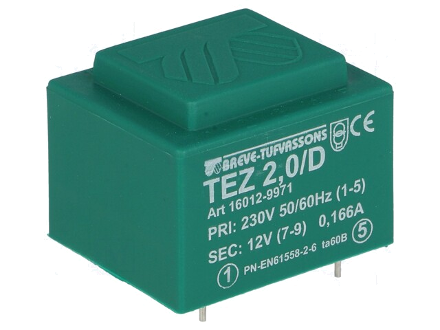 Transformator: ingegoten; 2VA; 230VAC; 12V; 166,6mA; PCB; IP00; TEZ Transformator: ingegoten; 2VA; 230VAC; 12V; 166,6mA; PCB; IP00; TEZ